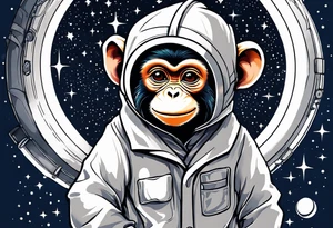 Small baby monkey in a lab coat looking up at the stars through a telescope tattoo idea