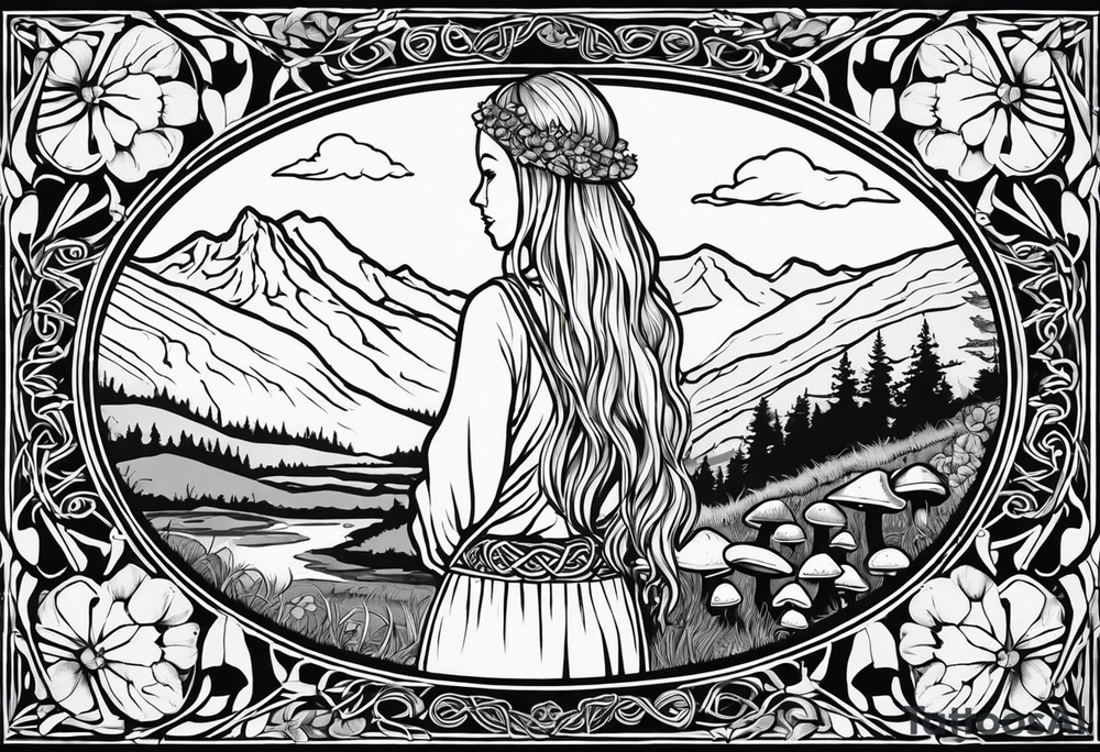 Whole picture encircled fully

Straight long blonde hair hippie girl in distance holding mushrooms in hand facing away toward mountains and creek surrounded by mushrooms long sleeve shirt and hiking pants; whole rendering within a full celtic circle border, no cut off circle tattoo idea