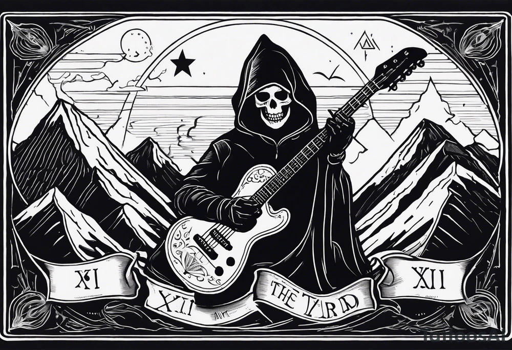 A tarot card showing a hooded skeleton playing a v shaped guitar on top of a mountain made of amps,  the text says "XXII The Bard", lightnings in the background tattoo idea