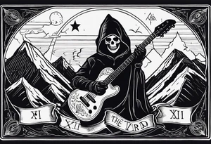 A tarot card showing a hooded skeleton playing a v shaped guitar on top of a mountain made of amps,  the text says "XXII The Bard", lightnings in the background tattoo idea