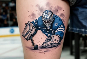 Goalie Diving Save Scene – Realistic scene of a masked goalie in blue pads, diving to block a puck, framed by a blurred crowd and net behind. tattoo idea