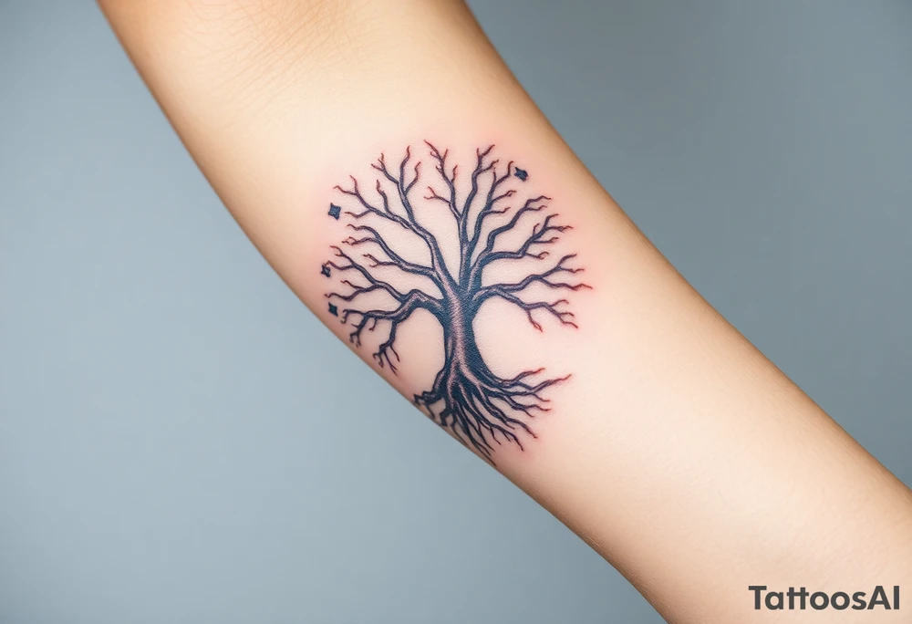 mystical tree of life with cosmic roots and celestial branches tattoo idea