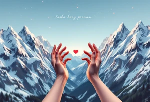 "Laska hory prenasi." — Two hands reaching across snowy mountain peaks, joined by a red heart thread and the quote floating above in soft cursive script. tattoo idea