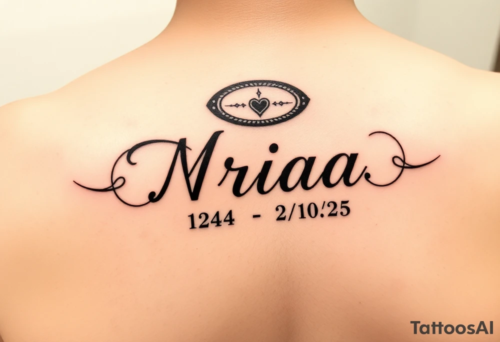 Love one tattoo with the name nriaa 9/24/05 death date 2/10/25 black lining, less shade in including a halo tattoo idea