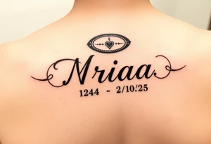 Love one tattoo with the name nriaa 9/24/05 death date 2/10/25 black lining, less shade in including a halo tattoo idea