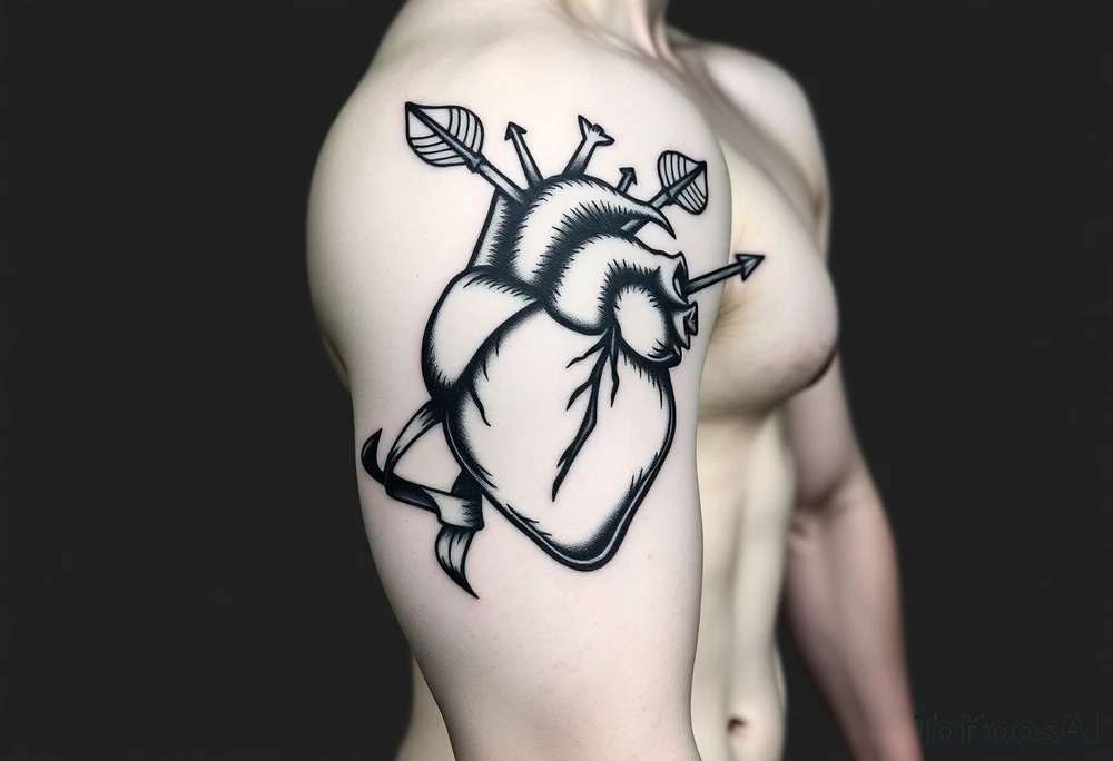 anatomical heart pierced by ornate arrow with flowing ribbons tattoo idea