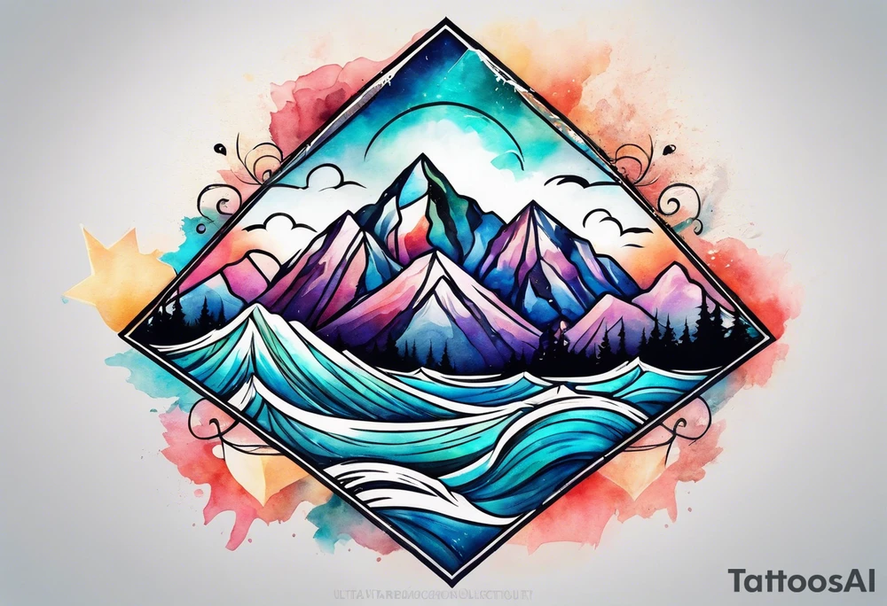 Mountains and ocean waves  crashing diamond shape tattoo idea