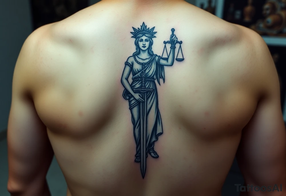 Neotraditional Lady Justice tattoo, forearm placement, vivid colors, sword facing down, regal tattoo idea