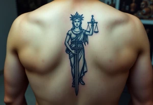 Neotraditional Lady Justice tattoo, forearm placement, vivid colors, sword facing down, regal tattoo idea
