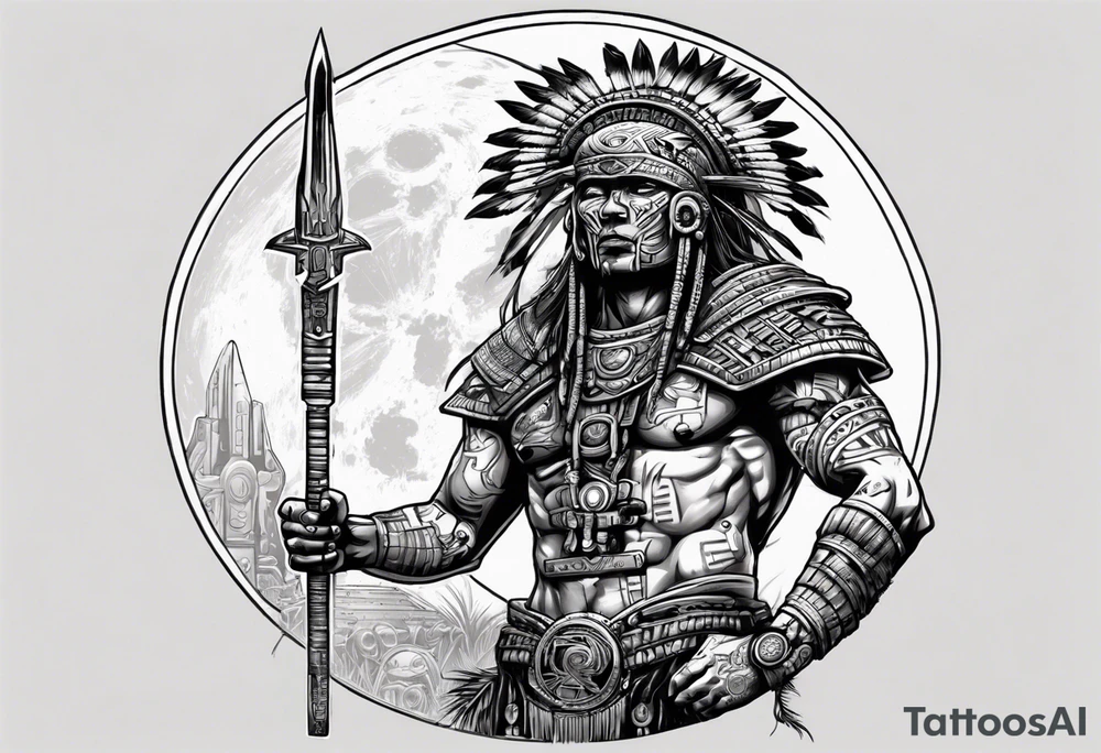 cyberpunk Aztec warrior standing tall after a battle in a field under the moon tattoo idea