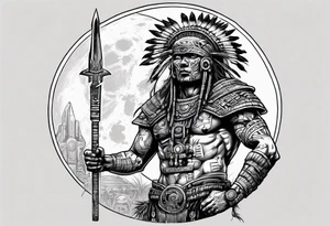 cyberpunk Aztec warrior standing tall after a battle in a field under the moon tattoo idea