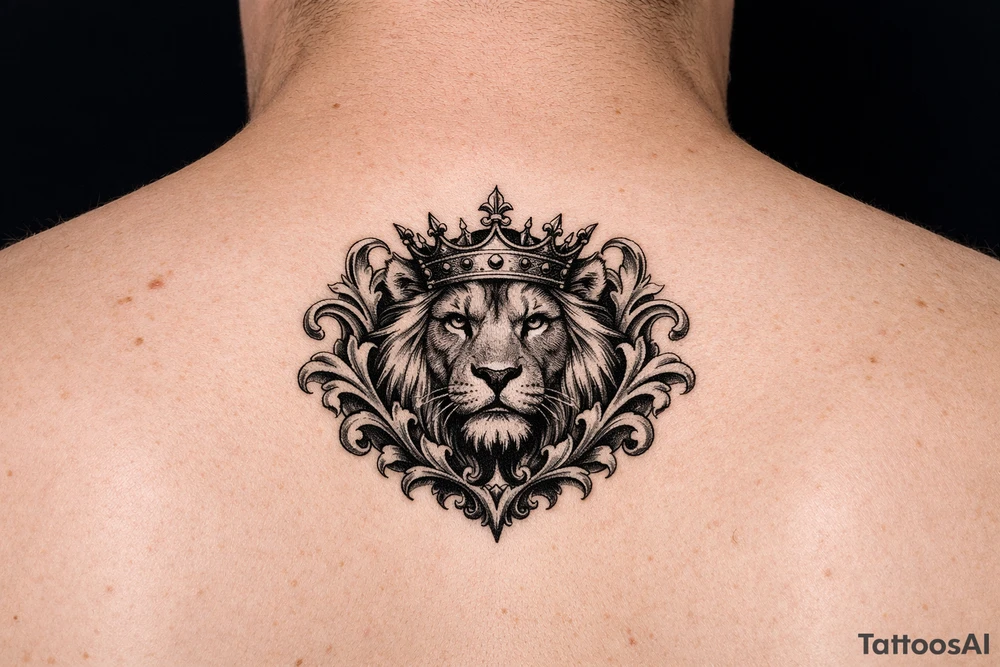 powerful majestic lion with a crown, framed by ornate floral scrollwork tattoo idea