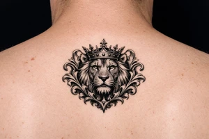 powerful majestic lion with a crown, framed by ornate floral scrollwork tattoo idea