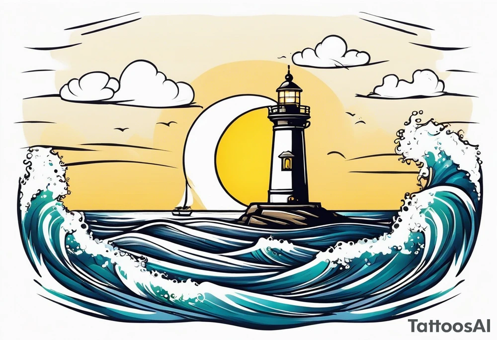 Farol no oceano em mar agitado bem delicado com a luz amarela, e navio ao fundo tattoo idea