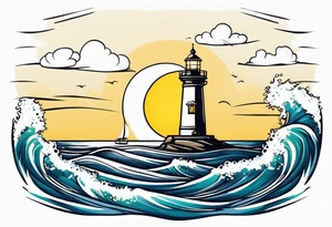 Farol no oceano em mar agitado bem delicado com a luz amarela, e navio ao fundo tattoo idea