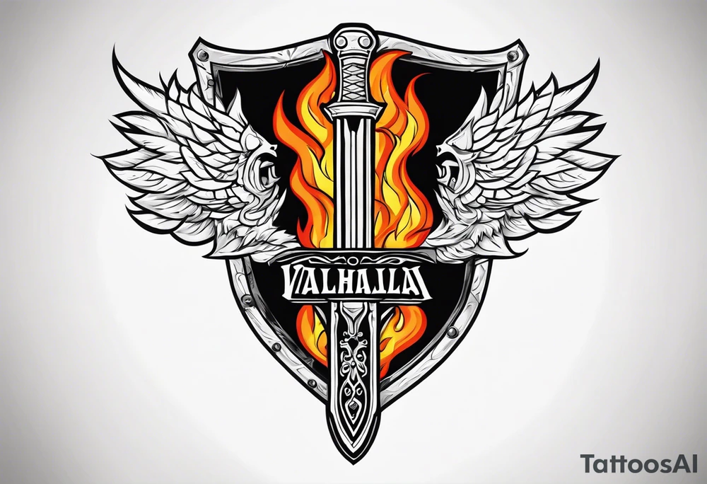 Valhalla on  fire shield sword tattoo idea