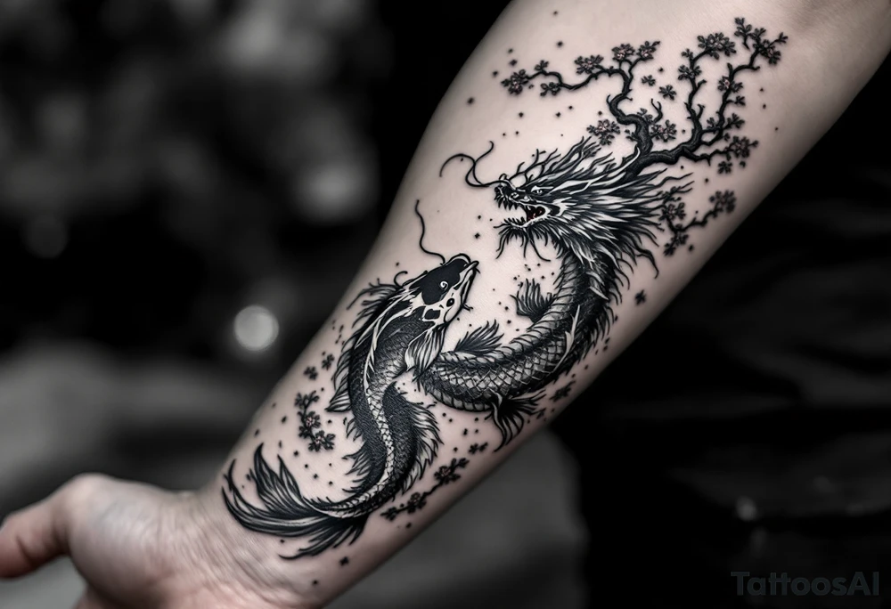 koi fish fighting a dragon with a sakura tree in the background, Japanese inspired piece tattoo idea