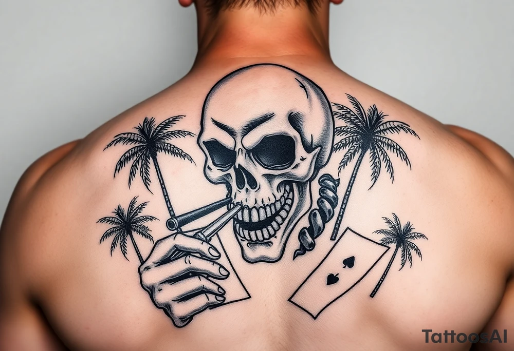 Gangster scene clown skull mid evil smoking cigar playing cards on the streets shaded palm trees tattoo idea