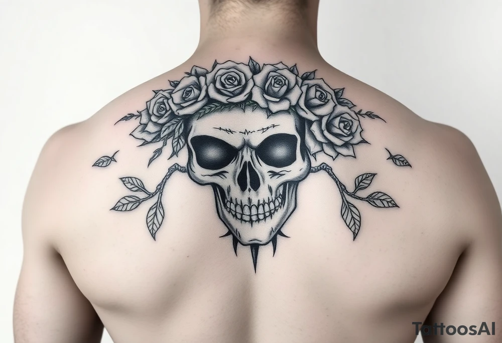 ornate skull adorned with crown of wild roses and thorns tattoo idea