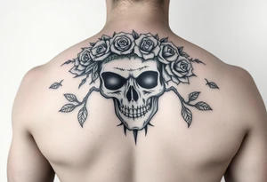 ornate skull adorned with crown of wild roses and thorns tattoo idea