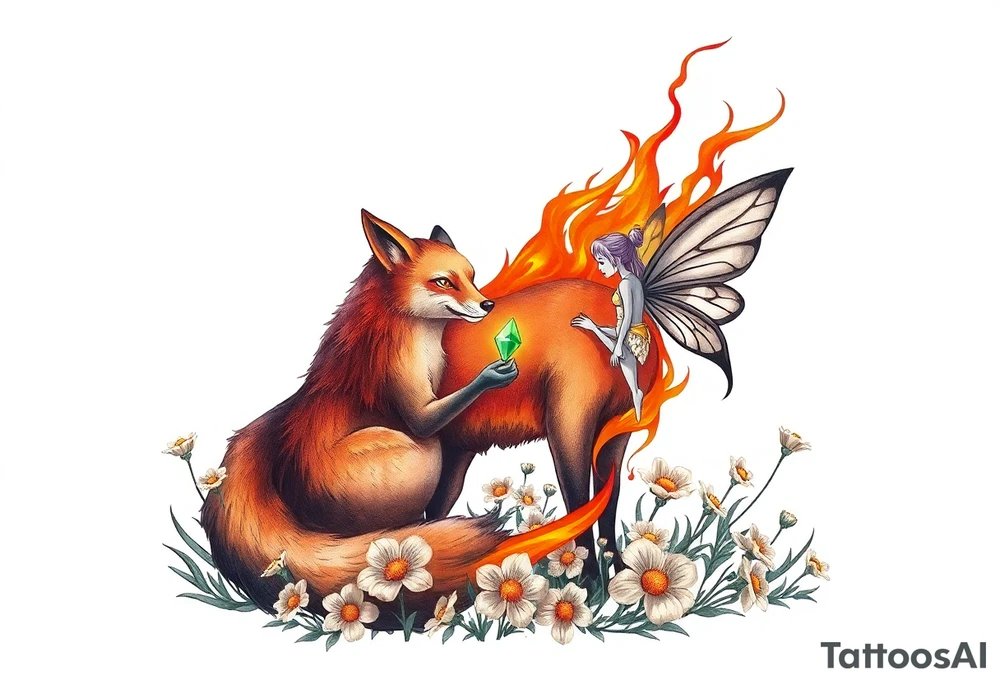 Fox made of fire with a fairy standing close to it  holding a emerild jem in a field of lillys tattoo idea