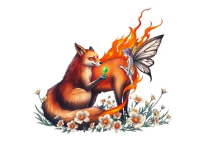 Fox made of fire with a fairy standing close to it  holding a emerild jem in a field of lillys tattoo idea