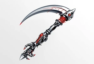 A chrome-plated robotic hand clutching a gleaming silver scythe with glowing red circuitry running up its fingers. tattoo idea