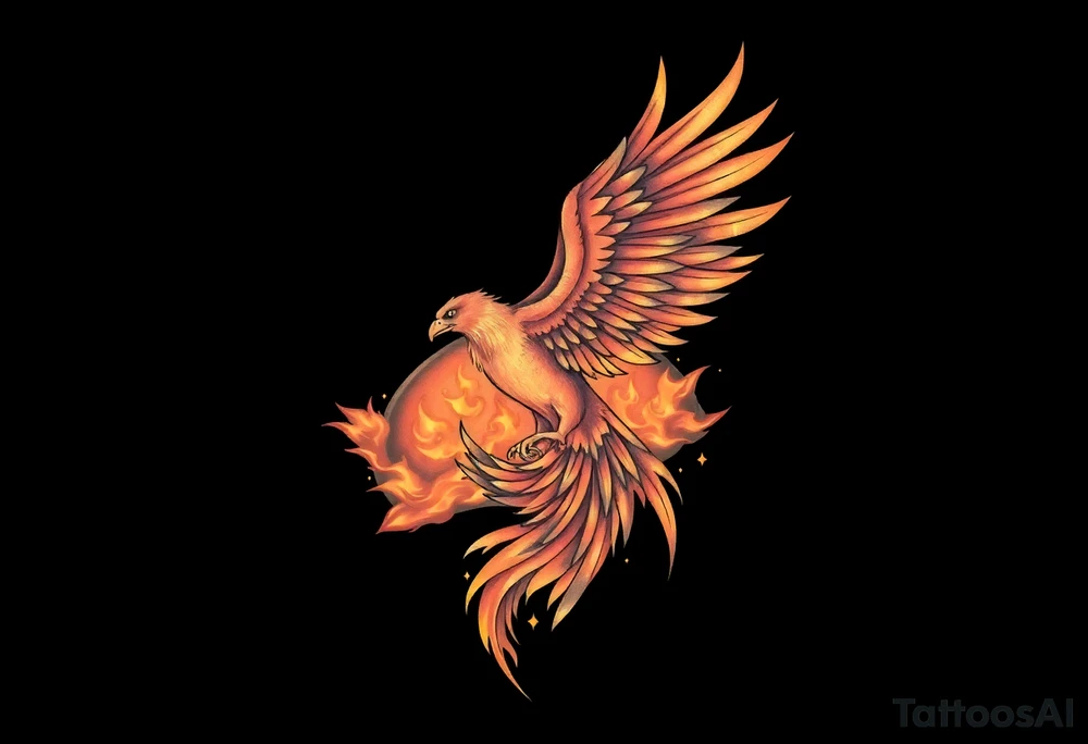 magnificent phoenix rising from golden flames with trailing embers tattoo idea
