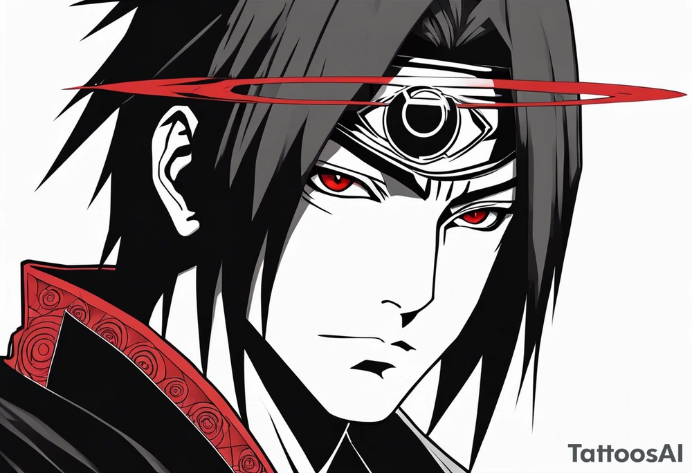 Uchiha Itachi with sharingan on tricep tattoo idea