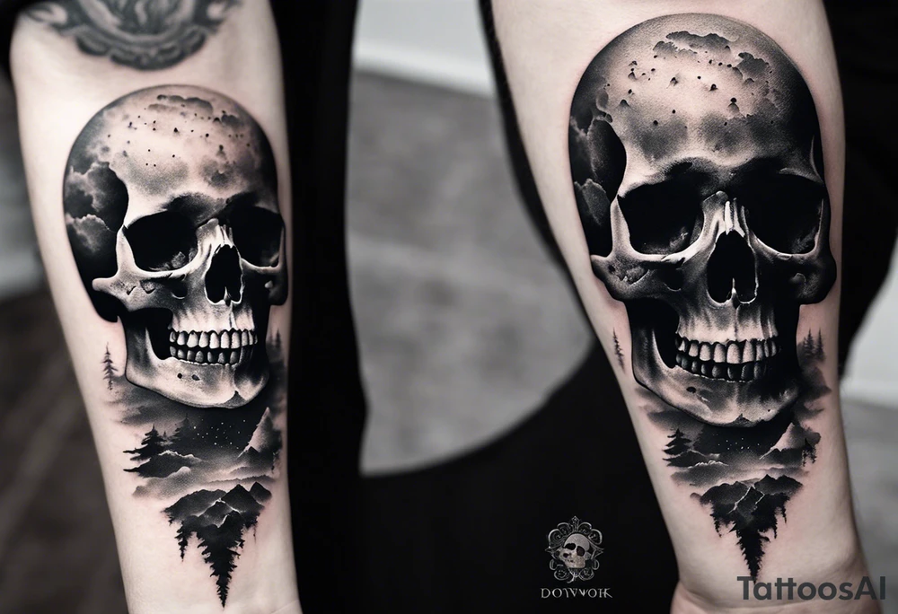 I wanted to keep the image simple, without too many ornate backgrounds. The focus was on the roughness of the hand-drawn, imperfect, disharmonious look. The photo was in black and white, with just a skull looking up at the sky. In the hazy fog, the skeleton is trying to give off a feeling of trypophobia tattoo idea