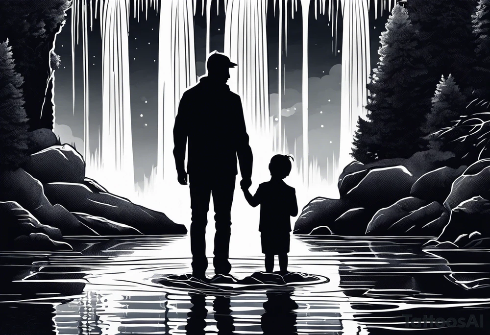 Silhouette of father standing in between daughter and younger son in front of water with reflection and waterfall with the waterfall only being blue. Everything else black and white. 6 year old daughter on one side and 2 year old son on the other side of the father tattoo idea