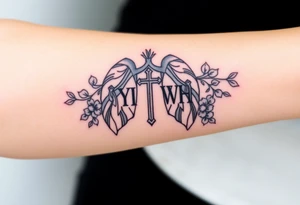 Initials YH WH in lungs with cross and grape vines tattoo idea