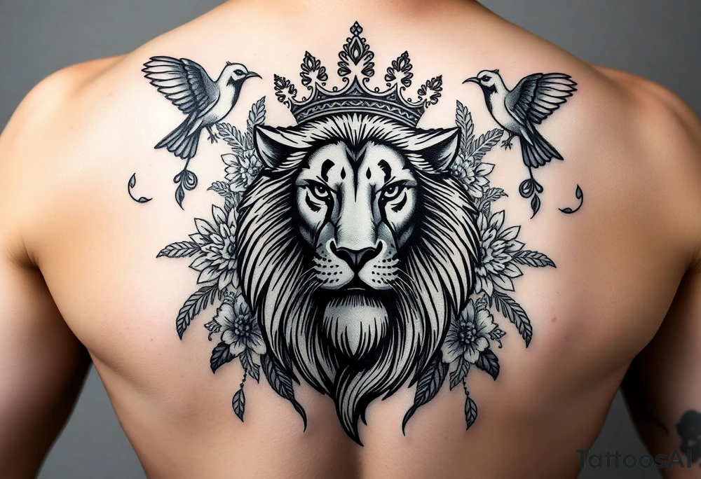powerful majestic lion with a crown, surrounded by floral ornaments and birds tattoo idea
