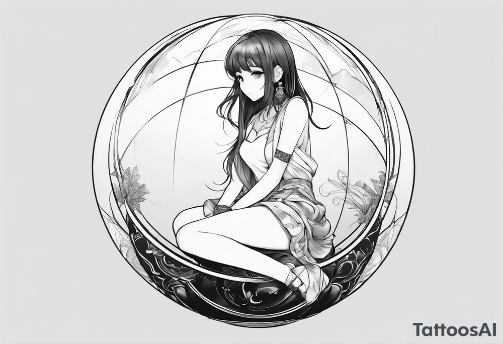 an anime girl sitting on a sphere, staring front tattoo idea an anime girl sitting on a sphere, staring front tattoo idea