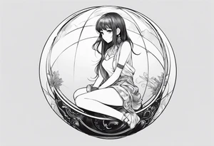 an anime girl sitting on a sphere, staring front tattoo idea