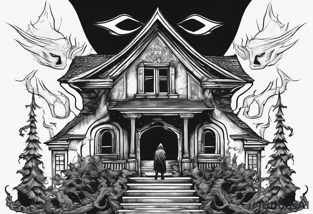 A black demonic shadow lifting the roof, peering out into the surroundings with an ominous presence. tattoo idea