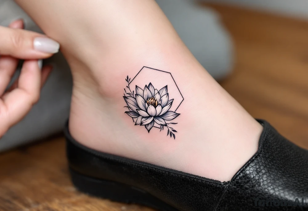 Leo symbol, larkspur and water lily surrounded by a hexagon tattoo idea
