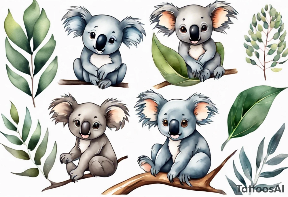 Cartoon koala sitting on wattle and eucalyptus leaves tattoo idea