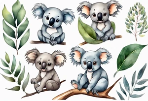 Cartoon koala sitting on wattle and eucalyptus leaves tattoo idea