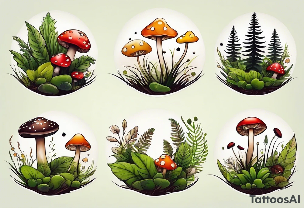 minimalistic forest floor inspired tattoo, which includes grass, moss, curly ferns and dead leaves as the bulk of the tattoo. details to include: forest berries, couple of very small brown mushrooms, a tiny bumblebee flying nearby tattoo idea
