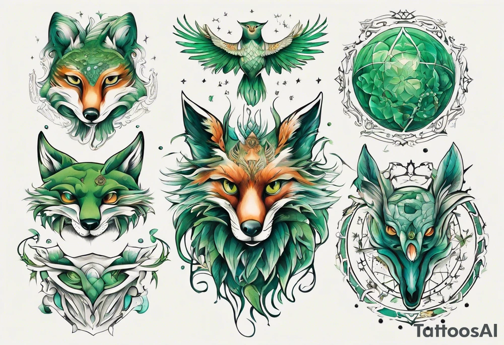 fisch, fuchs und eule , grün , symetrie universum tattoo idea