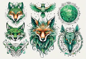 fisch, fuchs und eule , grün , symetrie universum tattoo idea