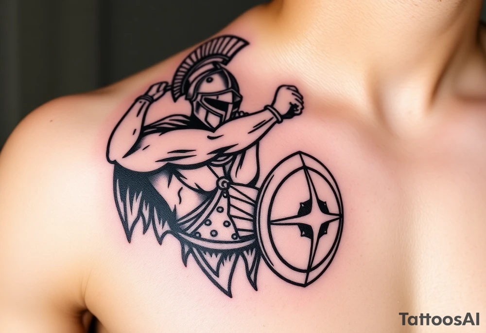 The Final Strike – A muscular gladiator mid-attack, his gladius raised high, slicing through an opponent’s shield. His bronze helmet reflects the sun, while his battle-worn leather armor is covered in dust and sweat. tattoo idea