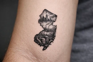 Outline of the shape of New Jersey with a dirty city skyline in the north fading in smog filled refineries in the northern part of central Jersey going into a toxic waste forest with a few tentacles and hazardous waste barrels tattoo idea