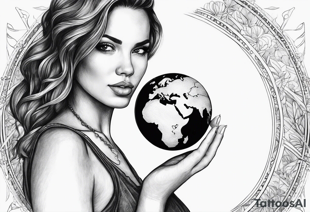 A woman holding a small planet in her hand tattoo idea