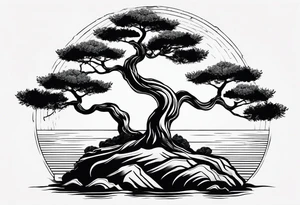Sunset and little down bonsai trees tattoo idea