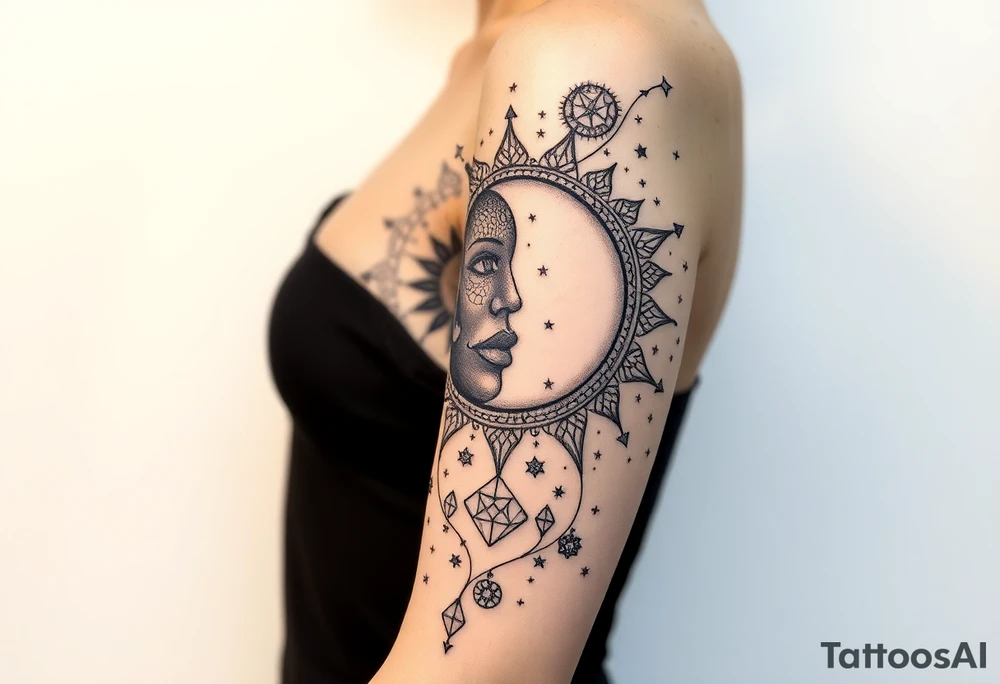 celestial sun and moon embrace with constellation patterns tattoo idea