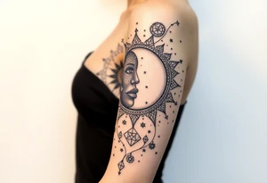 celestial sun and moon embrace with constellation patterns tattoo idea