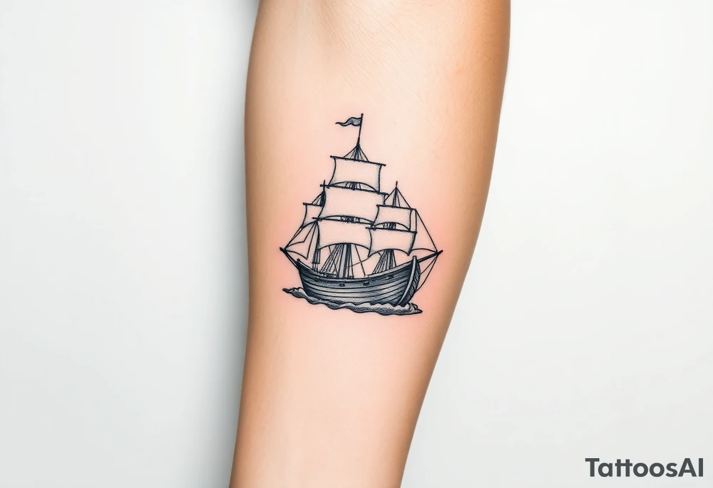 bland and white detailed linework drawing of Spaniard ship sailing for forearm tattoo idea