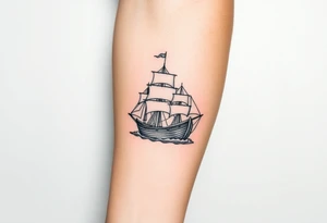 bland and white detailed linework drawing of Spaniard ship sailing for forearm tattoo idea